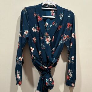 Faux-wrap long sleeve blouse